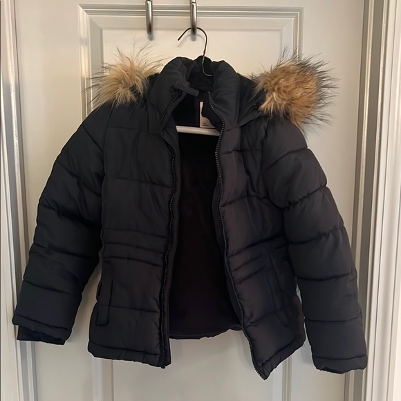 Kids Black Puffer Jacket with Faux Fur Hood - Picture 1 of 6